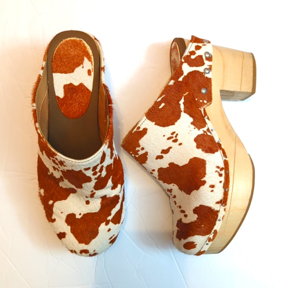 Hair on Hide Leather Wooden Clogs, 7.5